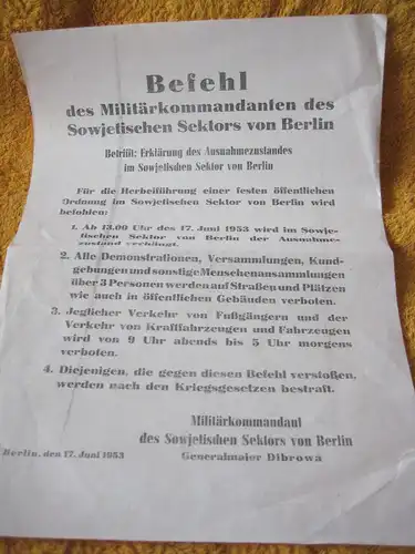 Kopie, Befehl d. Militärkomandanten des Sowjet. Sektors v. Berlin, 17. Juni 1953