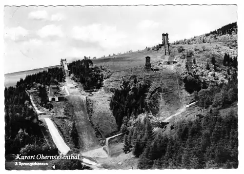 AK, Kurort Oberwiesenthal Erzgeb., drei Sprungschanzen, 1961