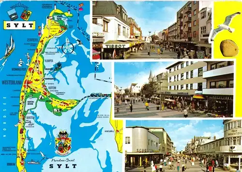 AK, Westerland auf Sylt, drei Straßenpartien, Landkarte, 1979