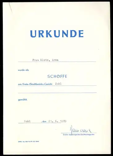 Urkunde zur Wahl als Schöffe am Kreisgericht Suhl, 1979
