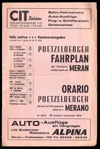 tour. Prospekt, Poetzelberger Fahrplan der Verkehrsmittel rund um Meran, 1970