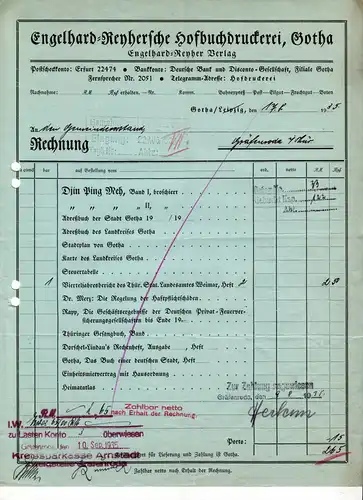 Rechnung, Engelhard-Reyhersche Hofbuchdruckerei Gotha, 17.8.35