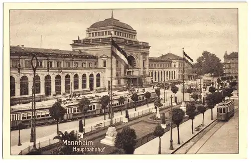 AK, Mannheim, Hauptbahnhof mit Vorplatz, Straßenbahn, um 1913