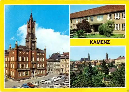 AK, Kamenz, drei Abb., Rathaus, Oberschule, Teilansicht,  1979