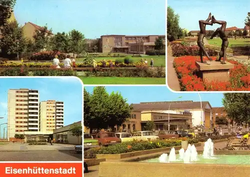 AK, Eisenhüttenstadt, vier Abb., gestaltet, u.a. V. Wohnkomplex, 1985