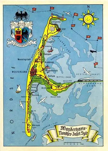 AK, Wanderkarte der Nordsee-Insel Sylt, um 1959