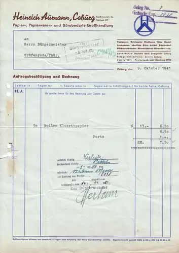 Rechnung, Fa. Heinrich Aumann, Papierwaren, Coburg, 9.10.41