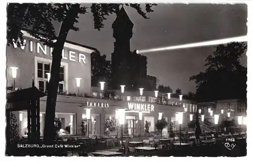 AK, Salzburg, "Grand Café Winkler", Nachtansicht, um 1960