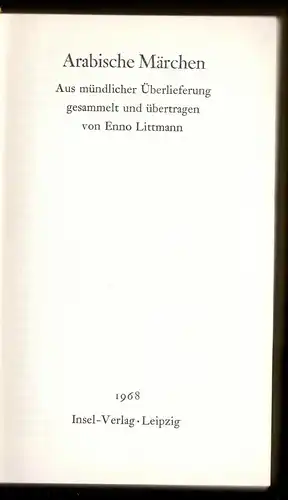 Arabische Märchen - Aus mündlicher Überlieferung gesammelt v. Enno Littmann 1968