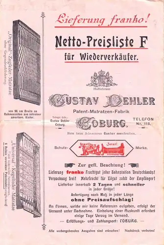 Werbebroschüren, Gustav Dehler, Matratzenfabrik Coburg, um 1910