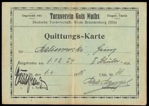 Turnverein Guts Muths Brandenburg, Mitgliedskarte 1925