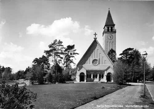 AK, Berlin Schlachtensee, Matterhorn Straße mit Kirche, um 1968