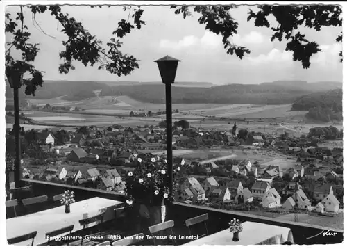 AK, Greene, Burggaststätte, Terrasse, Blick ins Leinetal, 1956