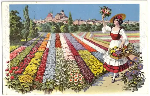 AK, Erfurt, Stadtansicht mit Blumenrabatten und Gärtnerin, 1910