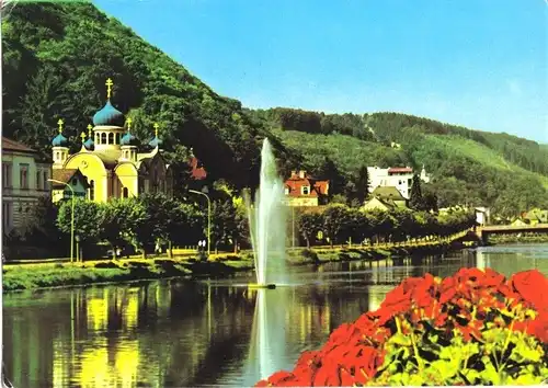 AK, Bad Ems, Russische Kirche und Fontäne auf der Lahn, um 1973