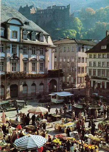 AK, Heidelberg am Neckar, Marktplatz, belebt, um 1980