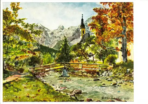 AK, Ramsau b. Berchtesgaden, Kirche mit Reiter Alpe, Künstlerkarte, um 1970