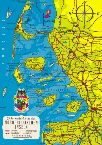AK, Landkarte auf AK, Nordfriesische Inseln und Schleswig-Holstein, um 1980