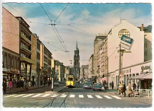 AK, Krefeld, Blick in die Rheinstraße, belebt, Straßenbahn, 1964