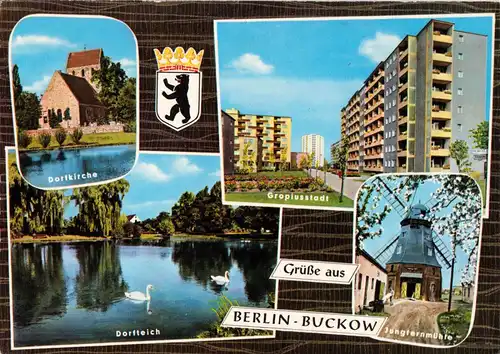 AK, Berlin Buckow, vier Abb., gestaltet, um 1969
