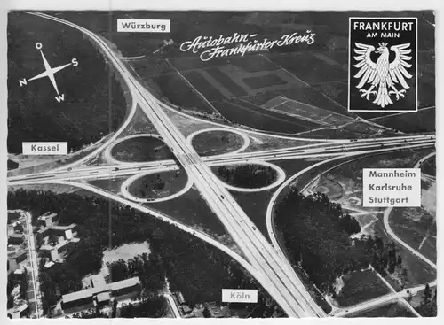 AK, Frankfurt Main, Autobahn - Frankfurter Kreuz, Luftbild mit Text, um 1965