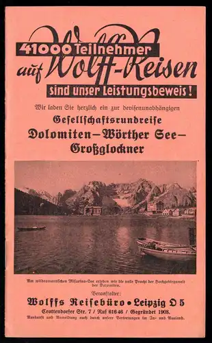 Wolfs Reisebüro Leipzig, Gesellschaftsreise Dolomiten-Wörter See-Großgl., 1939
