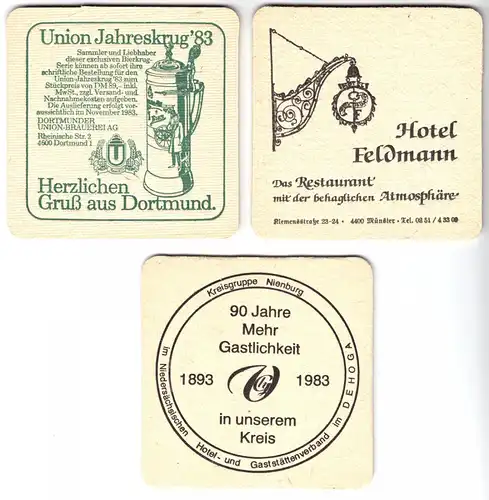 drei Bierdeckel, Dortmunder Union, Siegel-Pils, verschiedene Anlässe, 1983