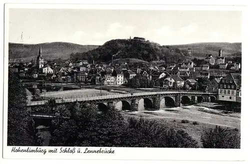 AK, Hohenlimburg, Totale mit Schloß und Lennebrücke, um 1955