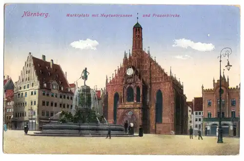 AK, Nürnberg, Marktplatz mit Neptunbrunnen und Frauenkirche, 1914