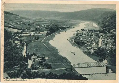 AK, Bodenwerder, Solbad, Luftbildansicht mit Weser-Brücken, 1931