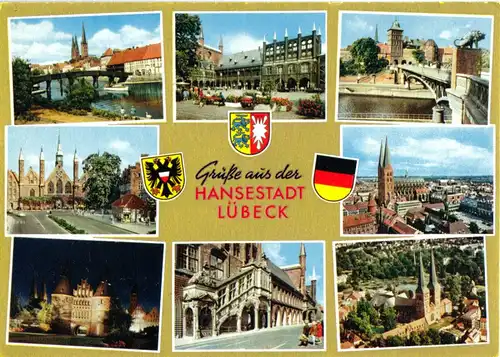 AK, Lübeck, acht Abb., Golddruck, Wappen, um 1970