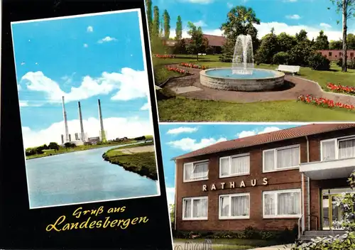 AK, Landesbergen, drei Abb., Kraftwerk, Rathaus, Brunnen, um 1975