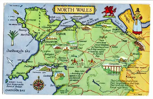 AK, map of postcard, North Wales, 1964