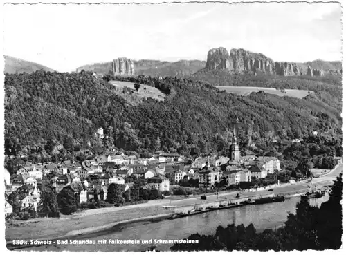 AK, Bad Schandau Sächs. Schweiz, Ansicht mit Falkenstein u. Schrammsteinen, 1959