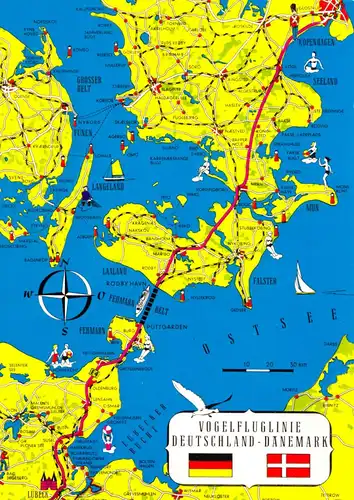 AK, Landkarte auf AK, Vogelfluglinie Deutschland - Dänemark, um 1980