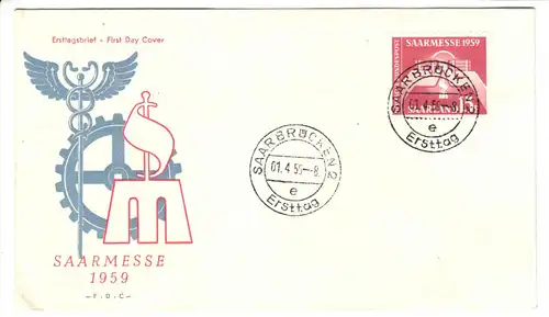 FDC, Michel-Nr. Saarland 447, o Saarbrücken 2, 1.4.59