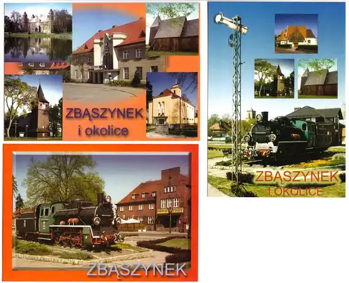 drei AK, Zbaszynek i okolice, Ortsansichten und Eisenbahnen, um 2000