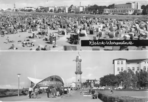 AK, Rostock Warnemünde, zwei Abb., Strand belebt und Promenade, 1970