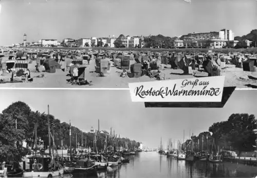 AK, Rostock Warnemünde, zwei Abb., Strand belebt und Alter Strom, 1965
