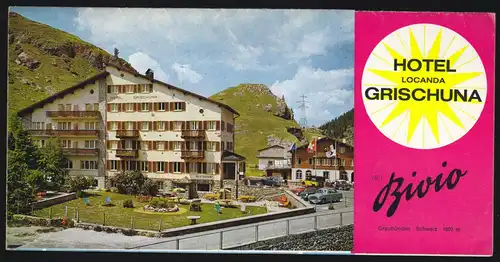 tour. Prospekt, Bivio, Graubünden, Schweiz, Hotel Grischuna, um 1970