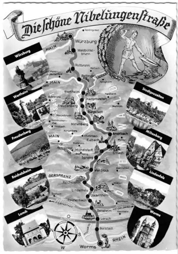 AK, Die schöne Nibelungenstraße, Würzburg - Worms, neun Abb. u. Landkarte, 1968