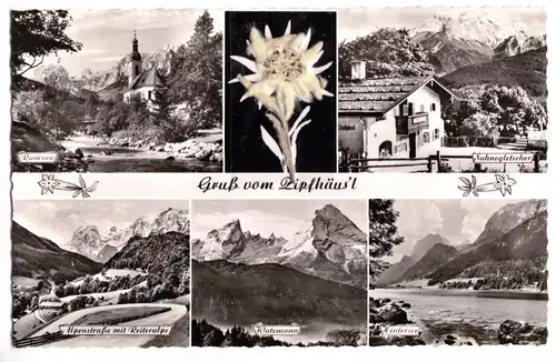 AK, Ramsau b. Berchtesgaden, Gruß vom Zipfhäusl, fünf Abb. + Edelweiß, um 1960