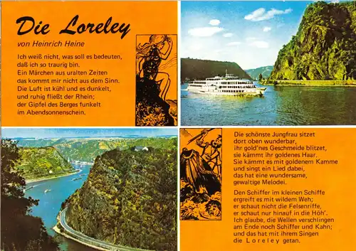 AK, Loreley, zwei Ansichten der Felsens und Text von Heinrich Heine, um 1975