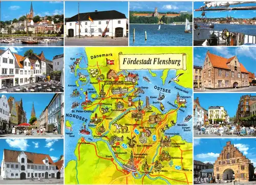 AK, Flensburg, zehn Abb. und Landkarte Schleswig-Holsteins, um 2005