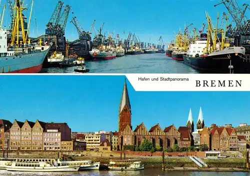AK, Bremen, zwei Abb., Hafen und Stadtpanorama, um 1973