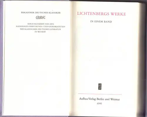 Lichtenberg, Georg Christoph; Lichtenbergs Werke in einem Band, 1982