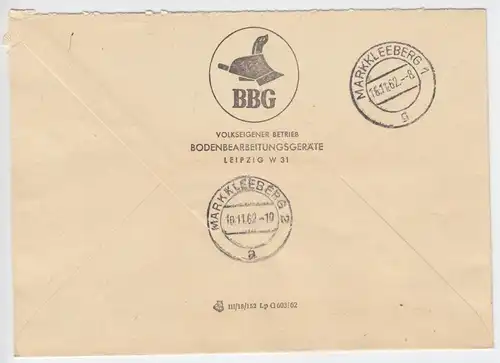 ZKD-Brief, VEB Bodenbearbeitungsgeräte Leipzig, o Leipzig W 31, 15.11.62