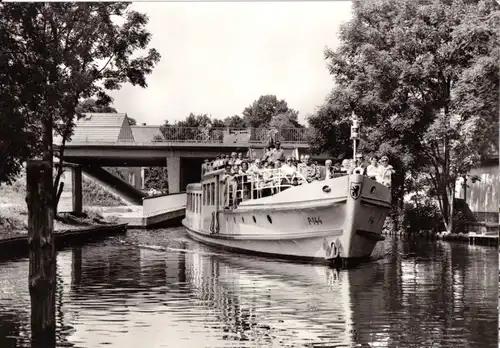 AK, Storkow Kr. Beeskow, Am Kanal mit Motorschiff, 1977