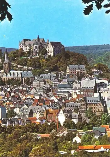 AK, Marburg an der Lahn, Teilansicht mit Schloß, um 1988