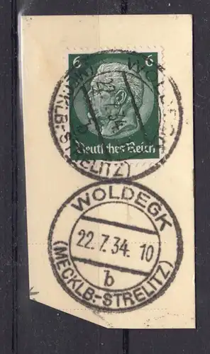 Briefstück, Michel-Nr.: DR 484, EF, Woldegk (Mecklb.-Strelitz), 22.7.34, ZSt